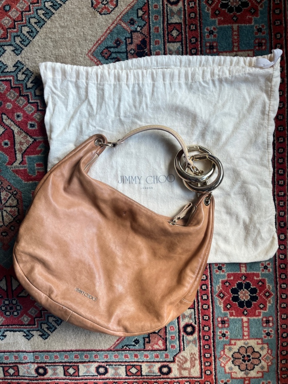 Jimmy Choo tan leather Hobo tote. Patina/spots/Camel leather/suede interior